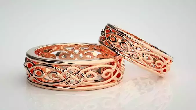 Wave Mesh Plain Gold Couple Band Ring 3dm stl render detail