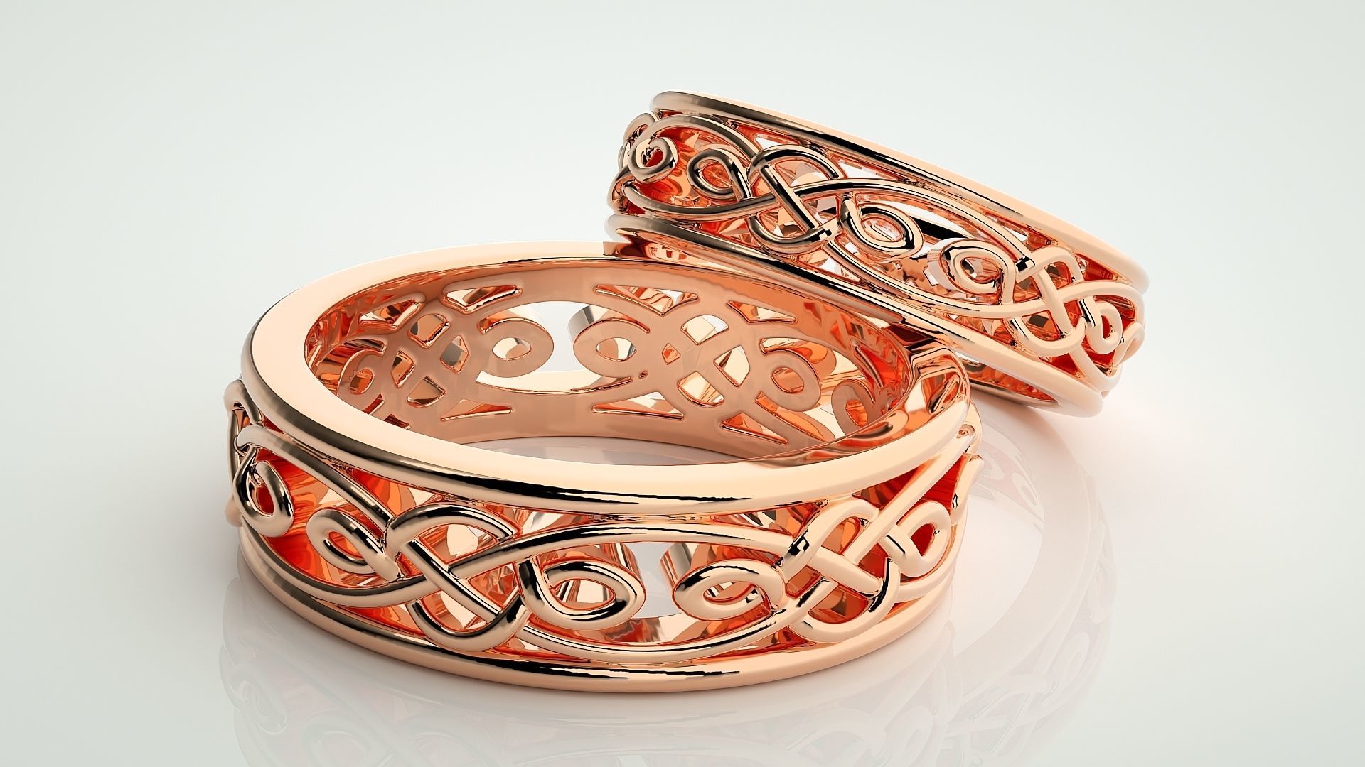 Wave Mesh Plain Gold Couple Band Ring 3dm stl render detail 3D print model_1