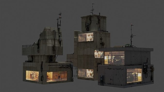 Sci-Fi Derelict Greeble Buildings set of 3 Low-poly 3D model