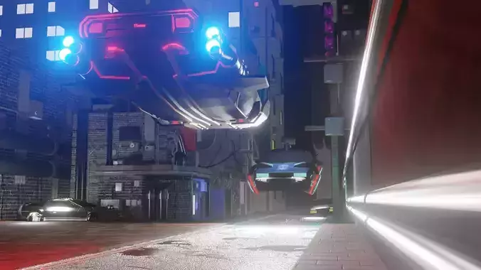 Cyber car and Cyber City landscape and scene Low-poly 3D model