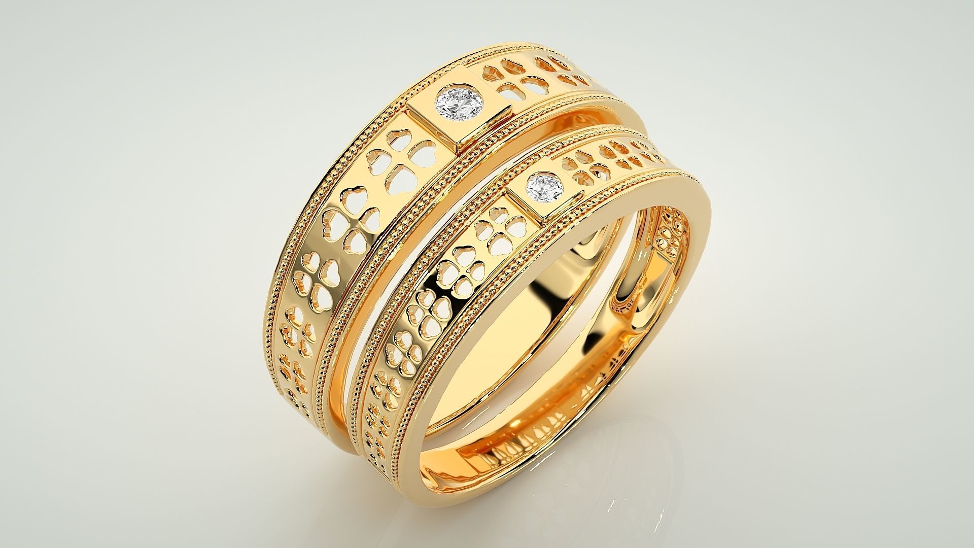 Flower Leaf Solitaire Couple Band Ring 3dm stl render detail 3D print model_11