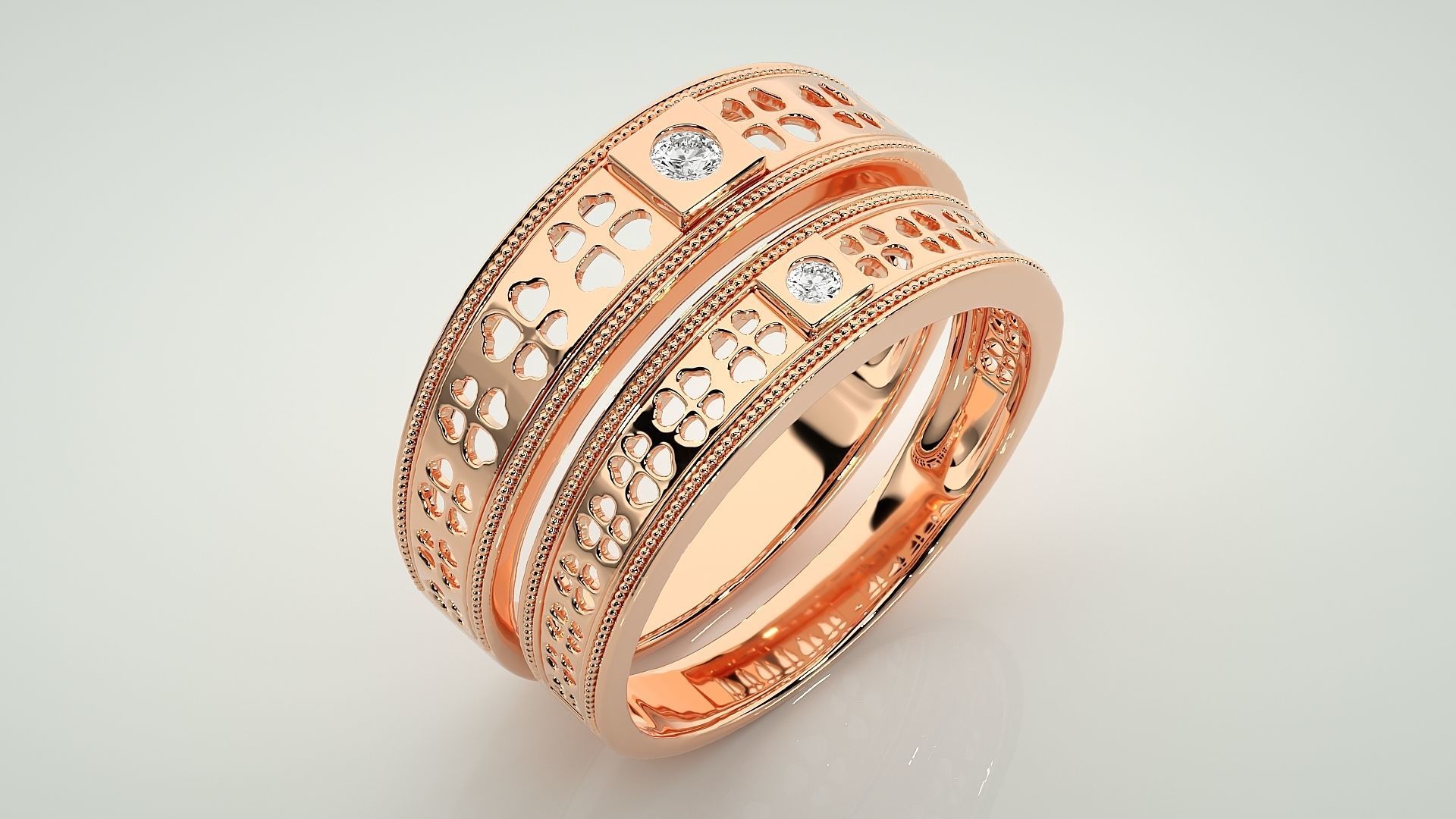 Flower Leaf Solitaire Couple Band Ring 3dm stl render detail 3D print model_3