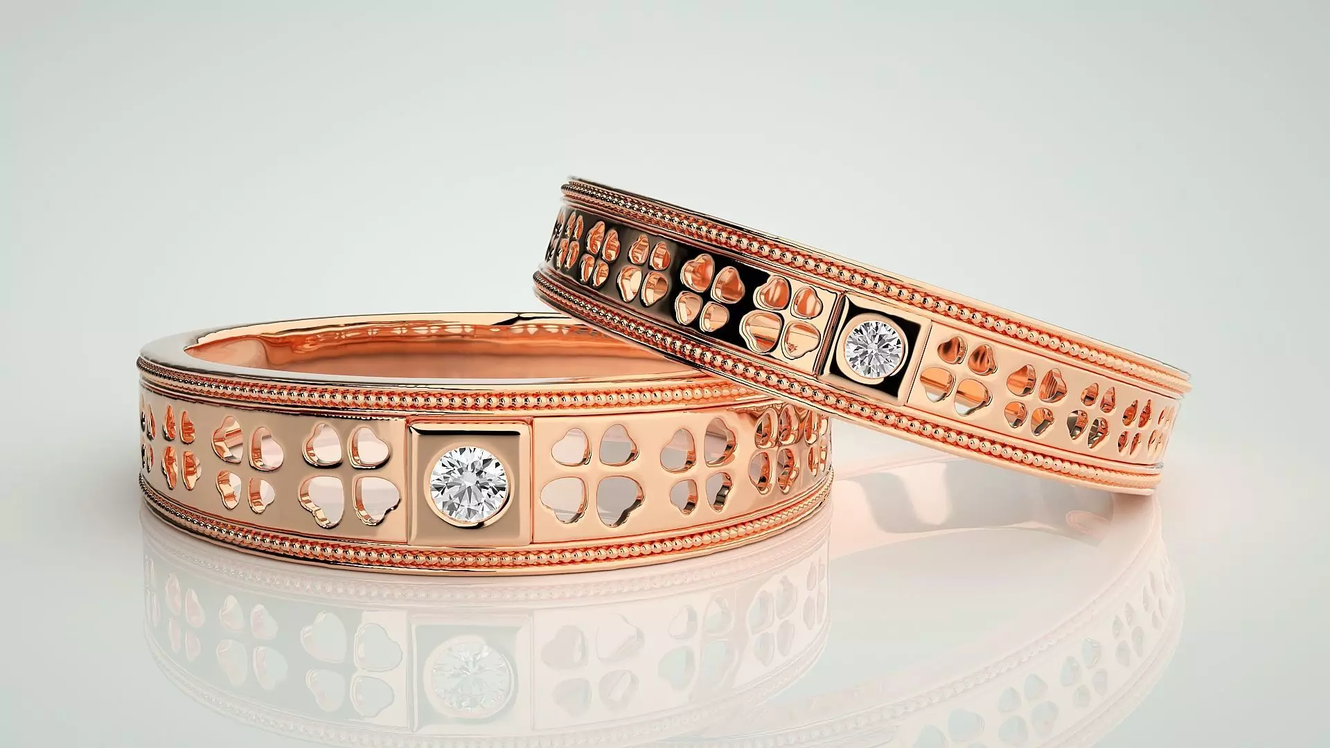 Flower Leaf Solitaire Couple Band Ring 3dm stl render detail 3D print model_0