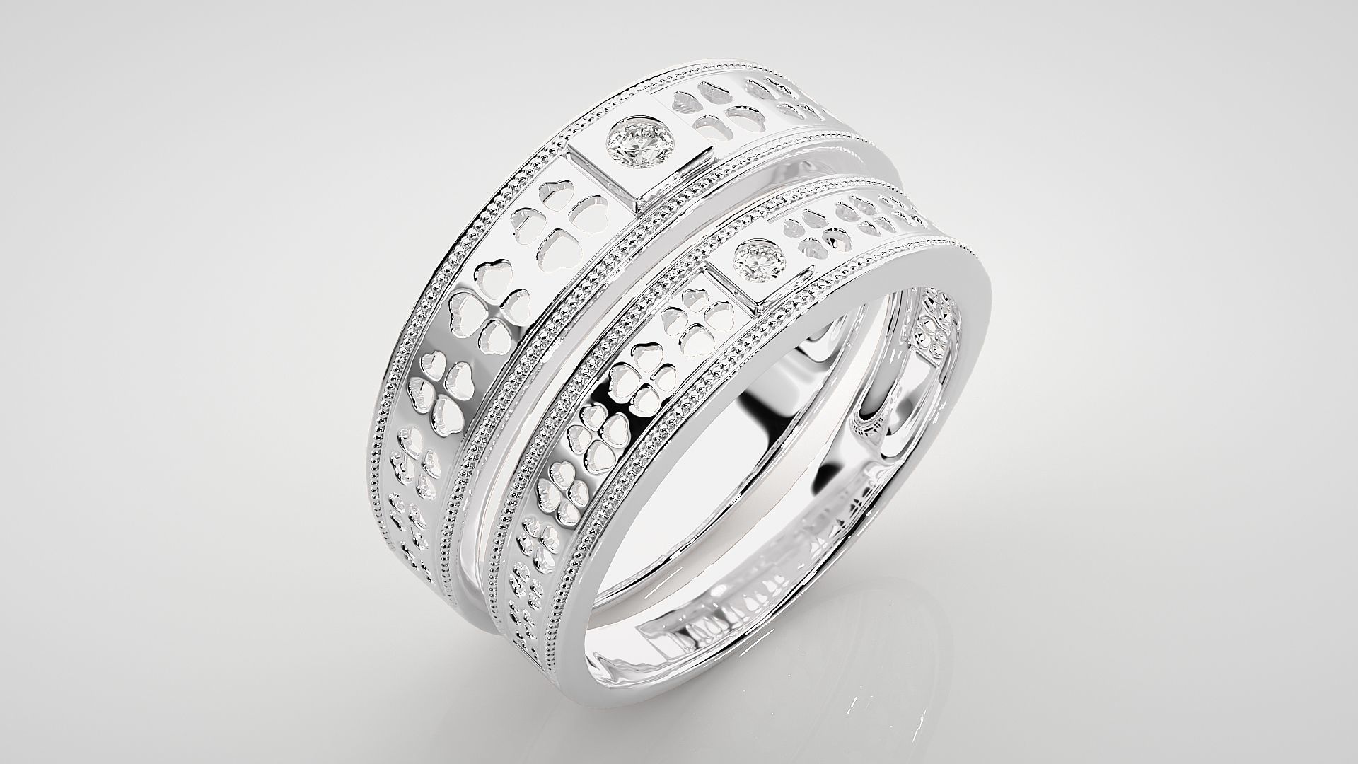 Flower Leaf Solitaire Couple Band Ring 3dm stl render detail 3D print model_7