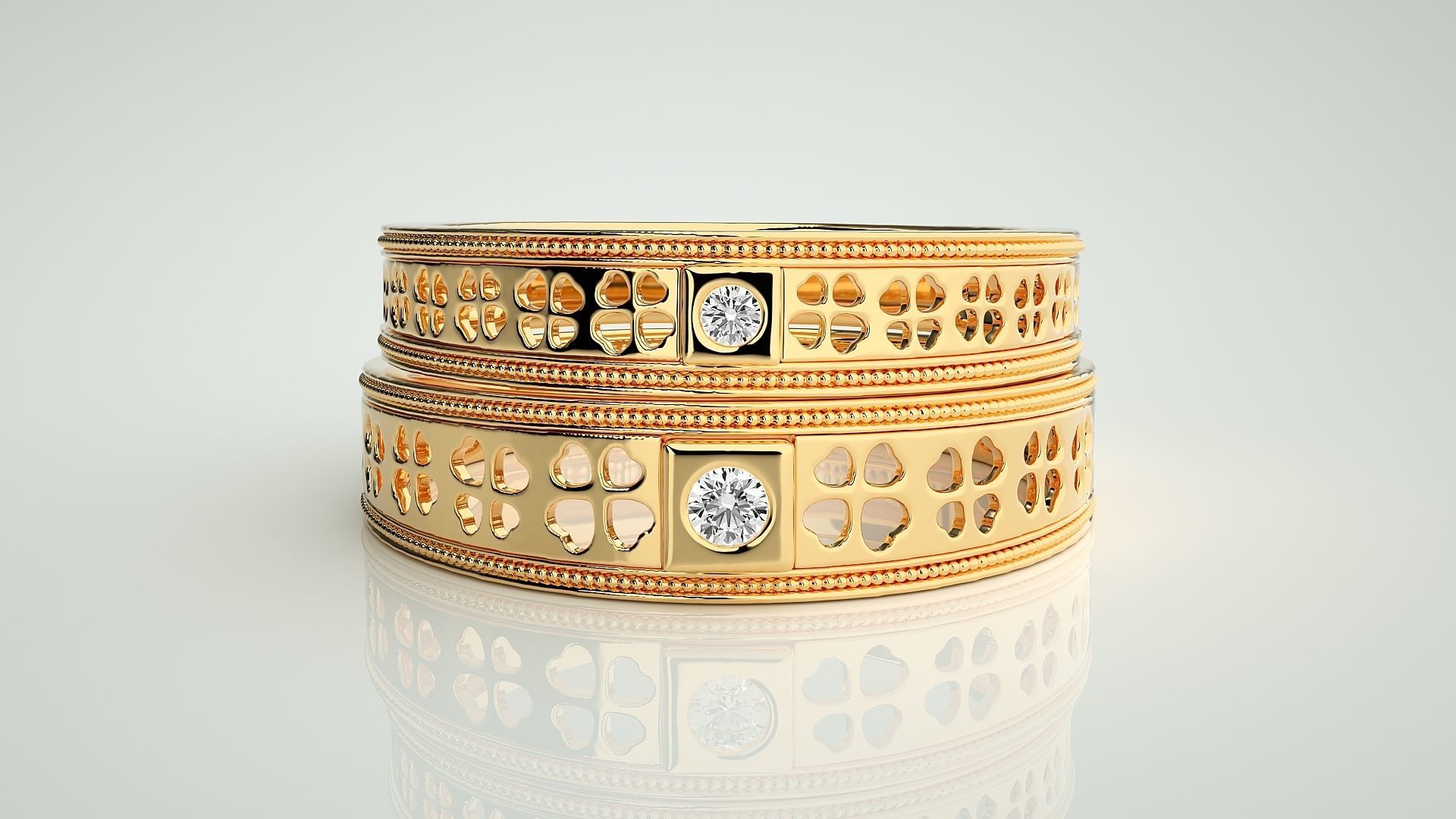 Flower Leaf Solitaire Couple Band Ring 3dm stl render detail 3D print model_10