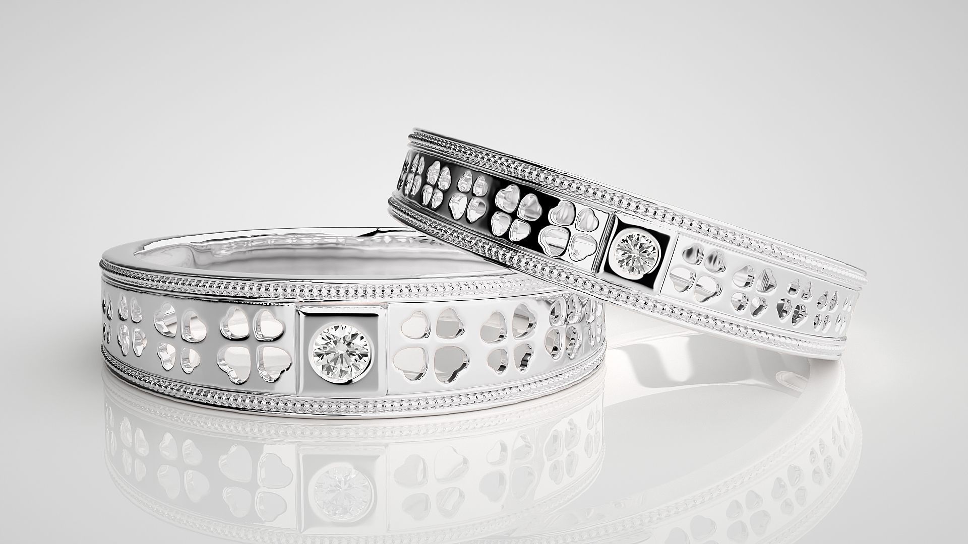 Flower Leaf Solitaire Couple Band Ring 3dm stl render detail 3D print model_4