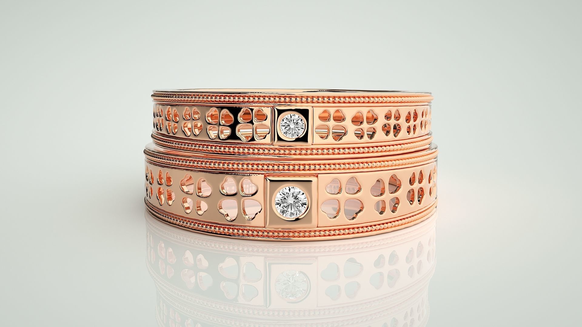 Flower Leaf Solitaire Couple Band Ring 3dm stl render detail 3D print model_2