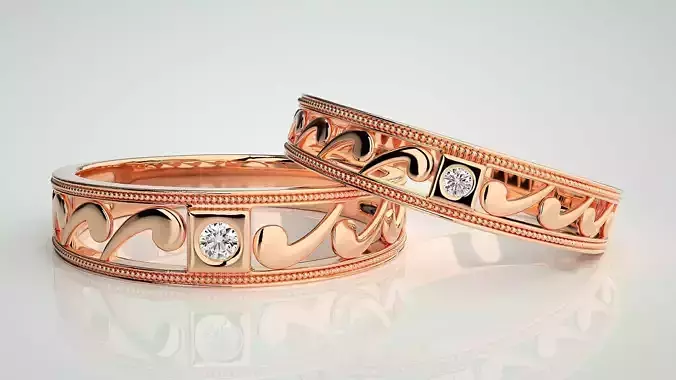 Solitaire Couple Band Ring 3dm stl render detail