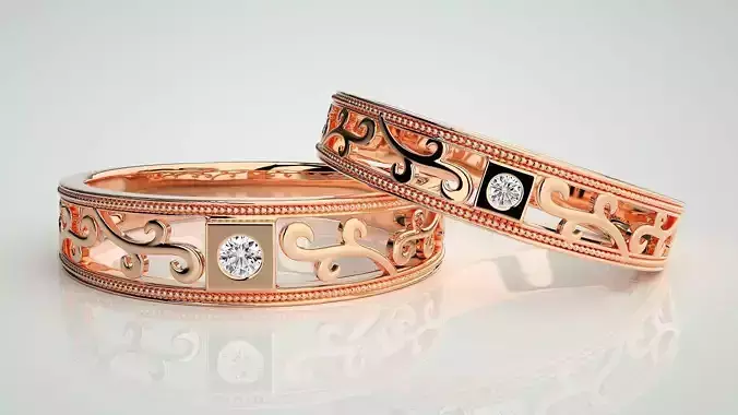 Solitaire Couple Band Ring 3dm stl render detail