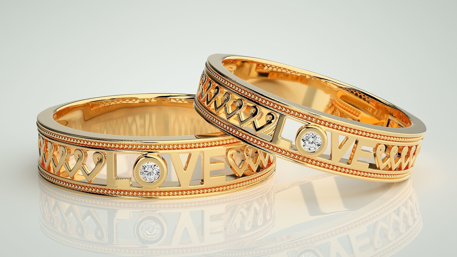 Solitaire Heart Love Valentine Couple Band Ring 3dm stl render 3D print model_8