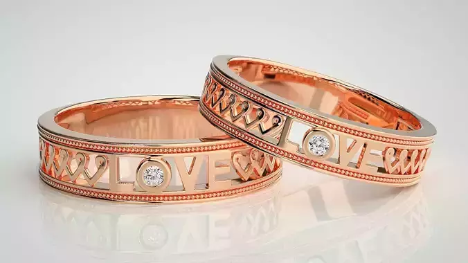 Solitaire Heart Love Valentine Couple Band Ring 3dm stl render