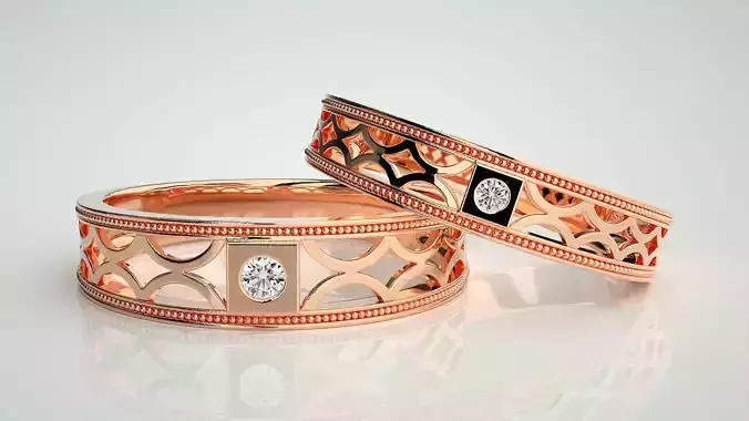 Solitaire Couple Band Ring 3dm stl render detail