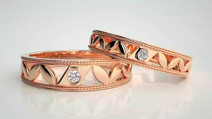 Solitaire Leaf Couple Band Ring 3dm stl render detail