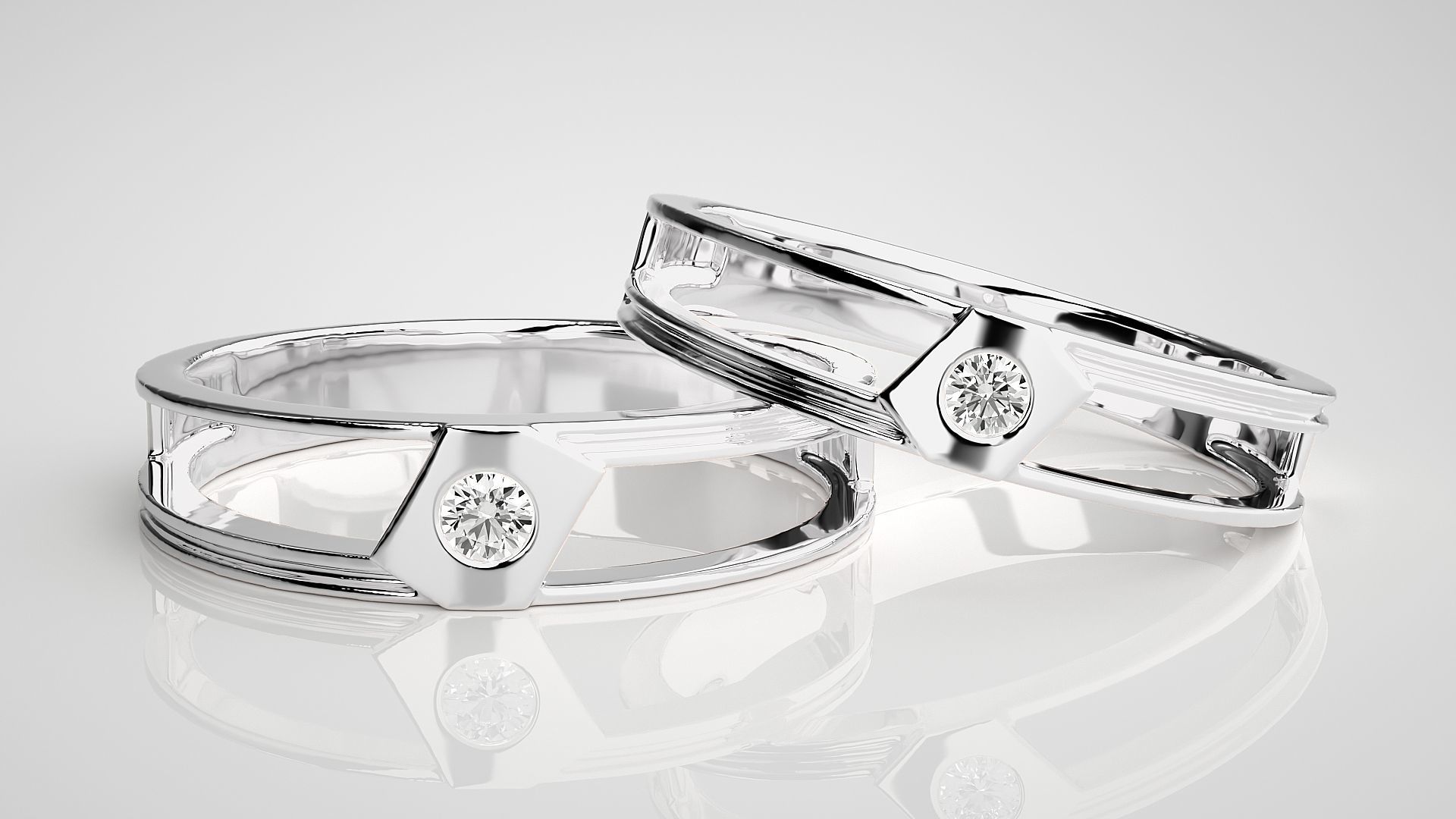 Geometric Two line Solitaire Couple Band Ring 3dm stl render 3D print model_4