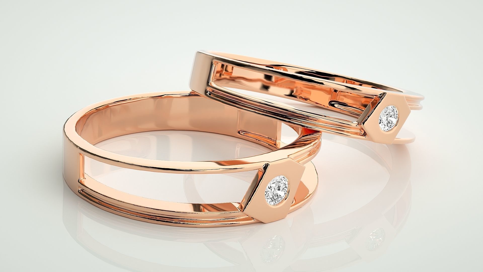 Geometric Two line Solitaire Couple Band Ring 3dm stl render 3D print model_1