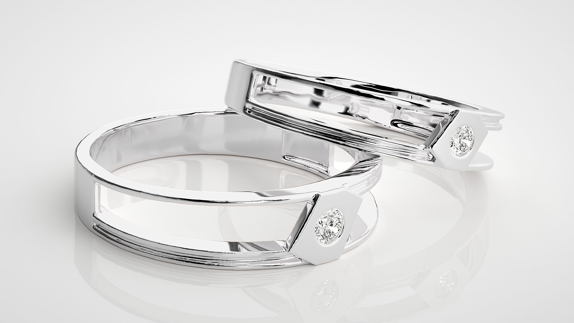 Geometric Two line Solitaire Couple Band Ring 3dm stl render 3D print model_5