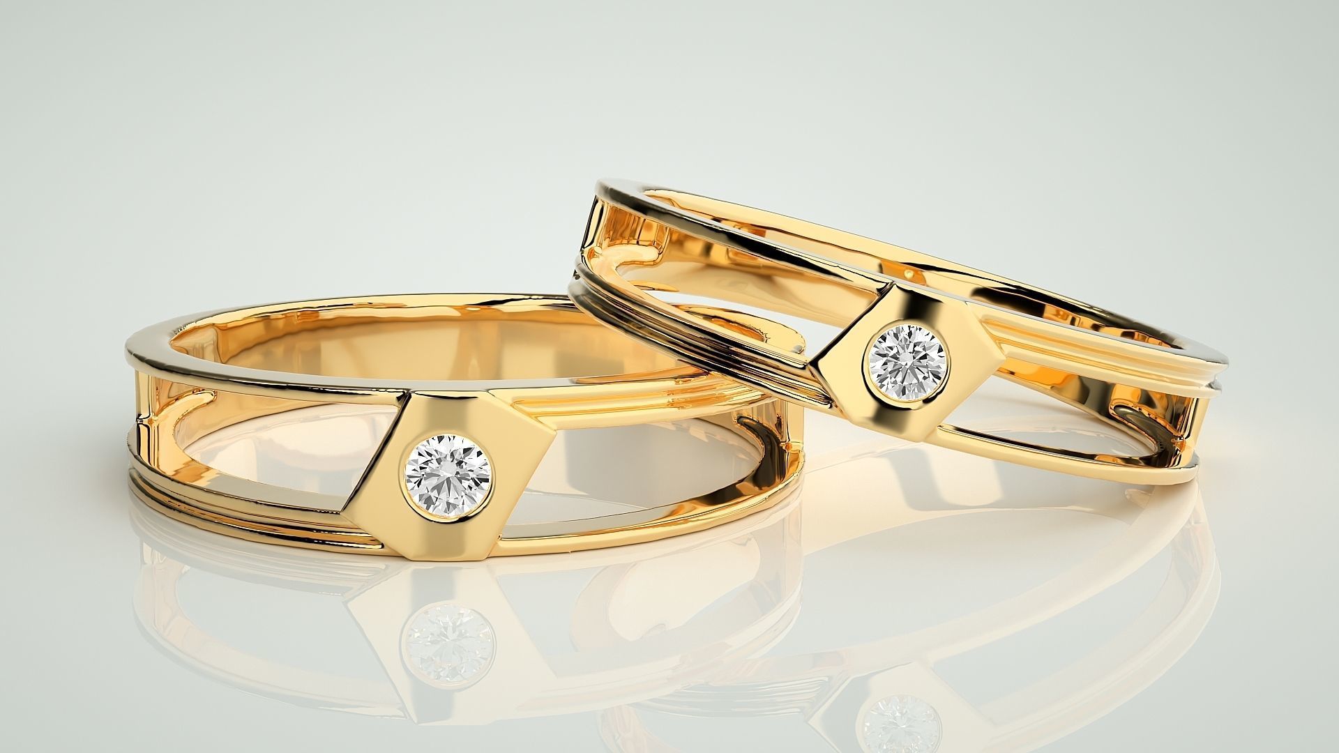 Geometric Two line Solitaire Couple Band Ring 3dm stl render 3D print model_8