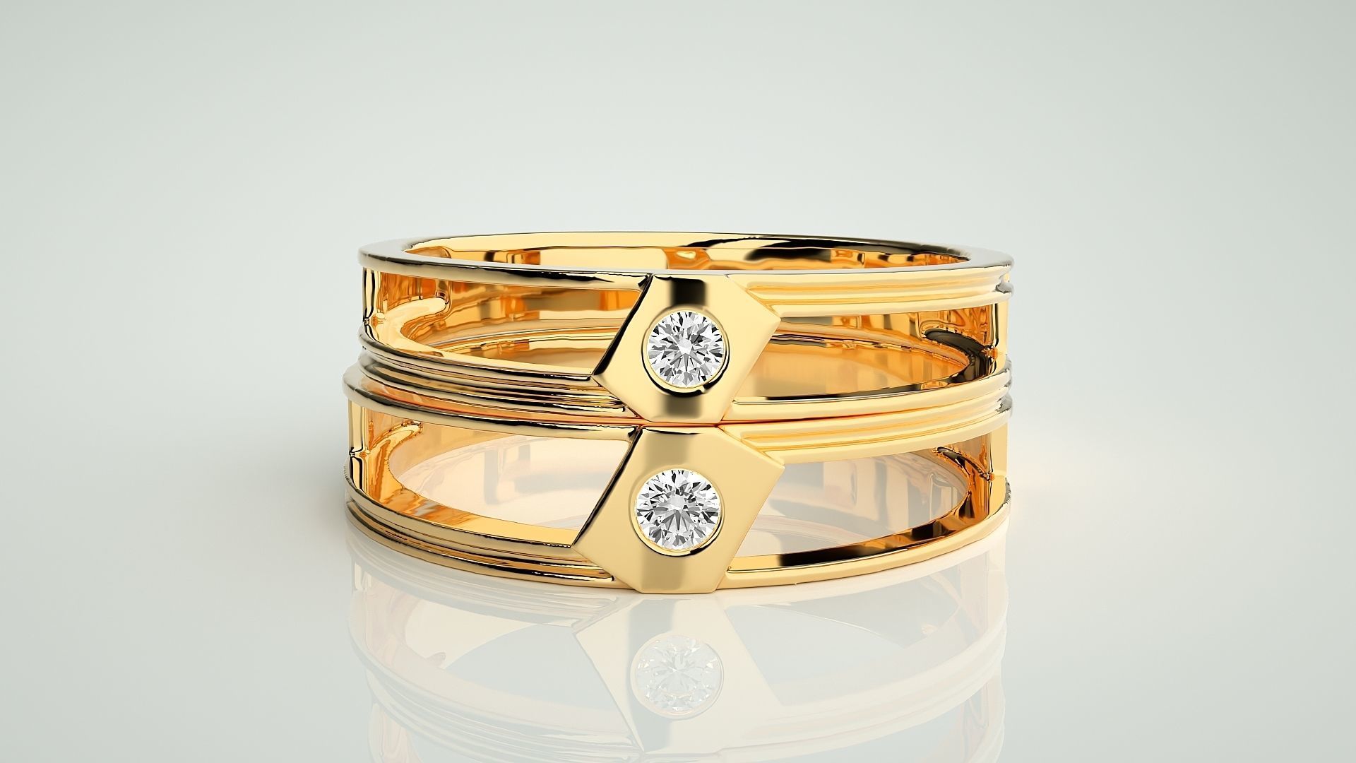 Geometric Two line Solitaire Couple Band Ring 3dm stl render 3D print model_10