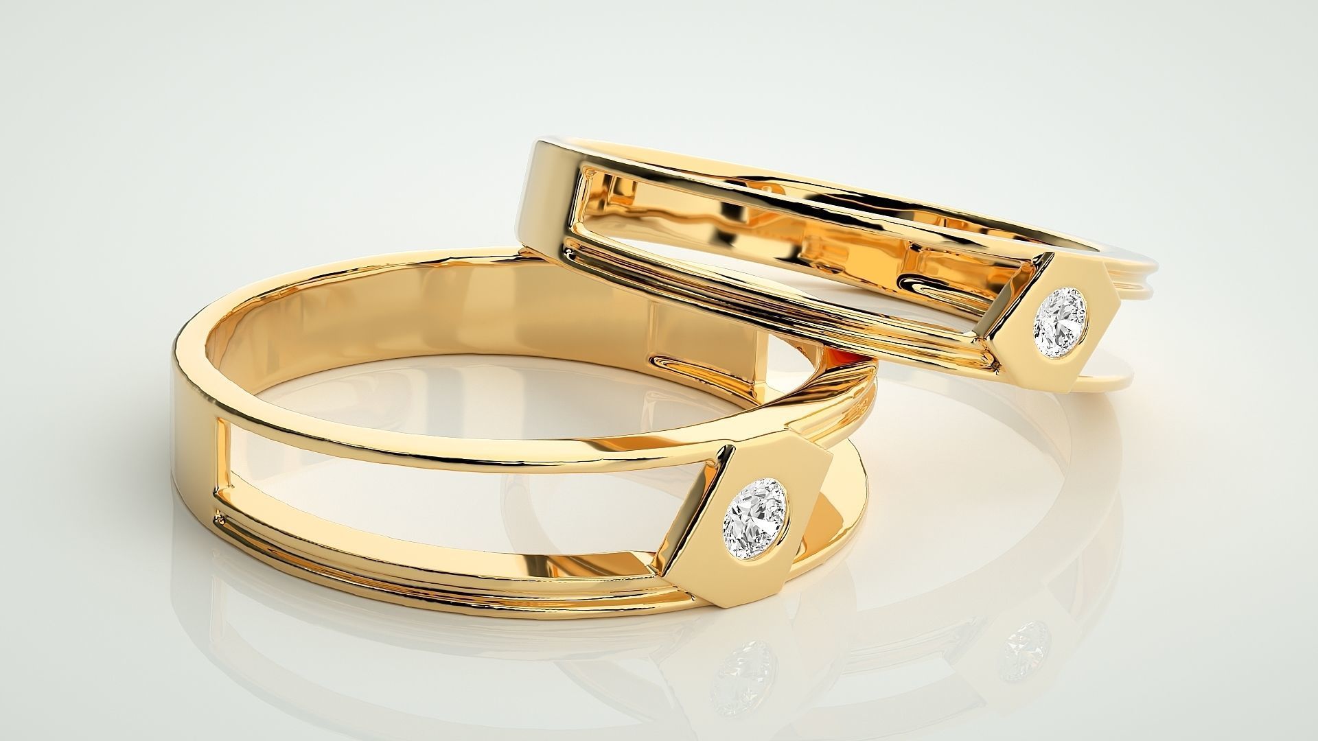 Geometric Two line Solitaire Couple Band Ring 3dm stl render 3D print model_9