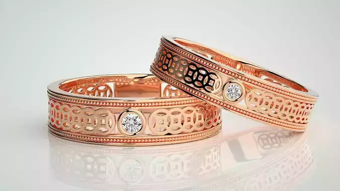 Solitaire Mesh Couple Band Ring 3dm stl render detail