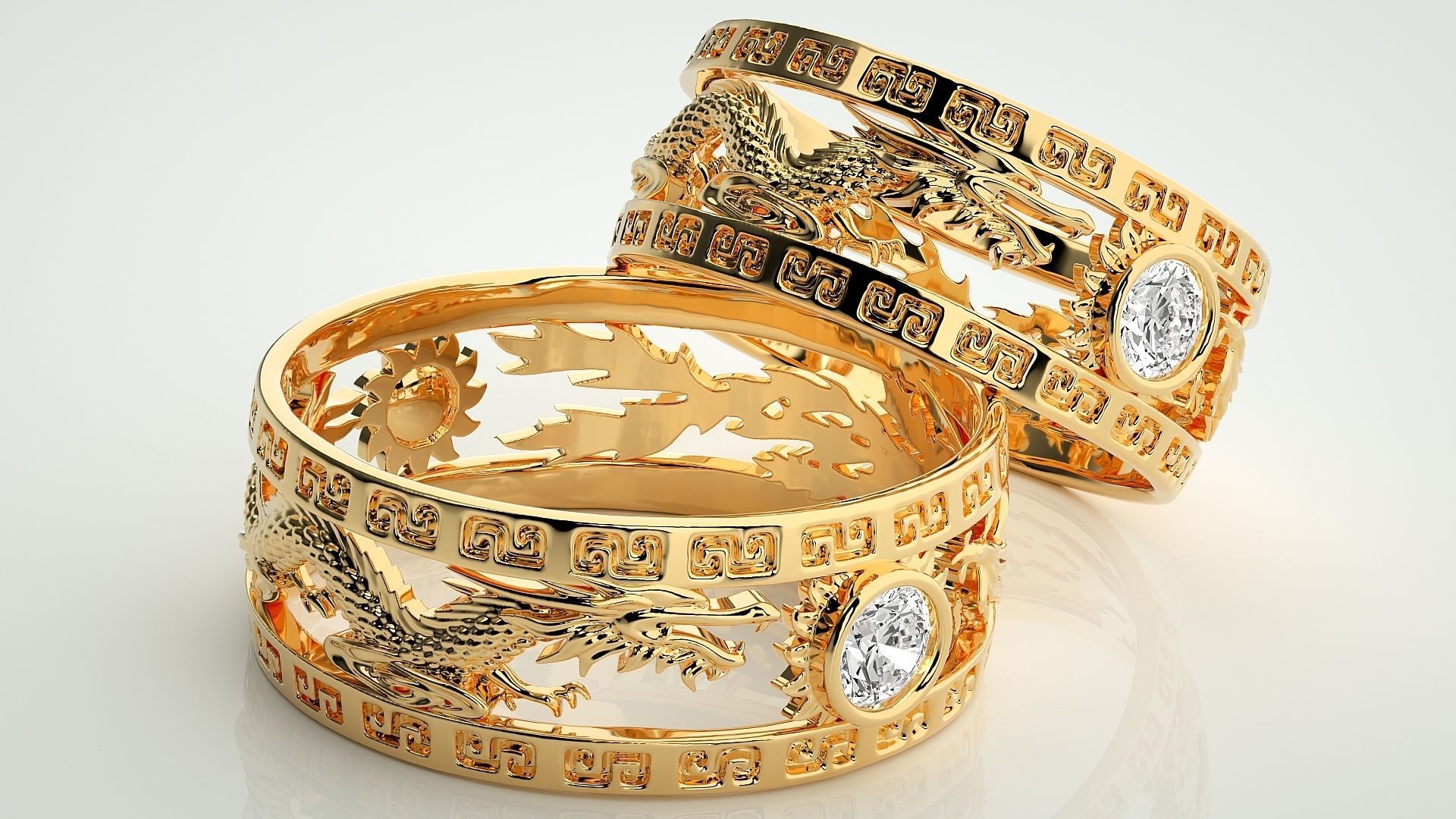 Dragon Sun Solitaire Couple Band Ring 3dm render detail 3D print model_11