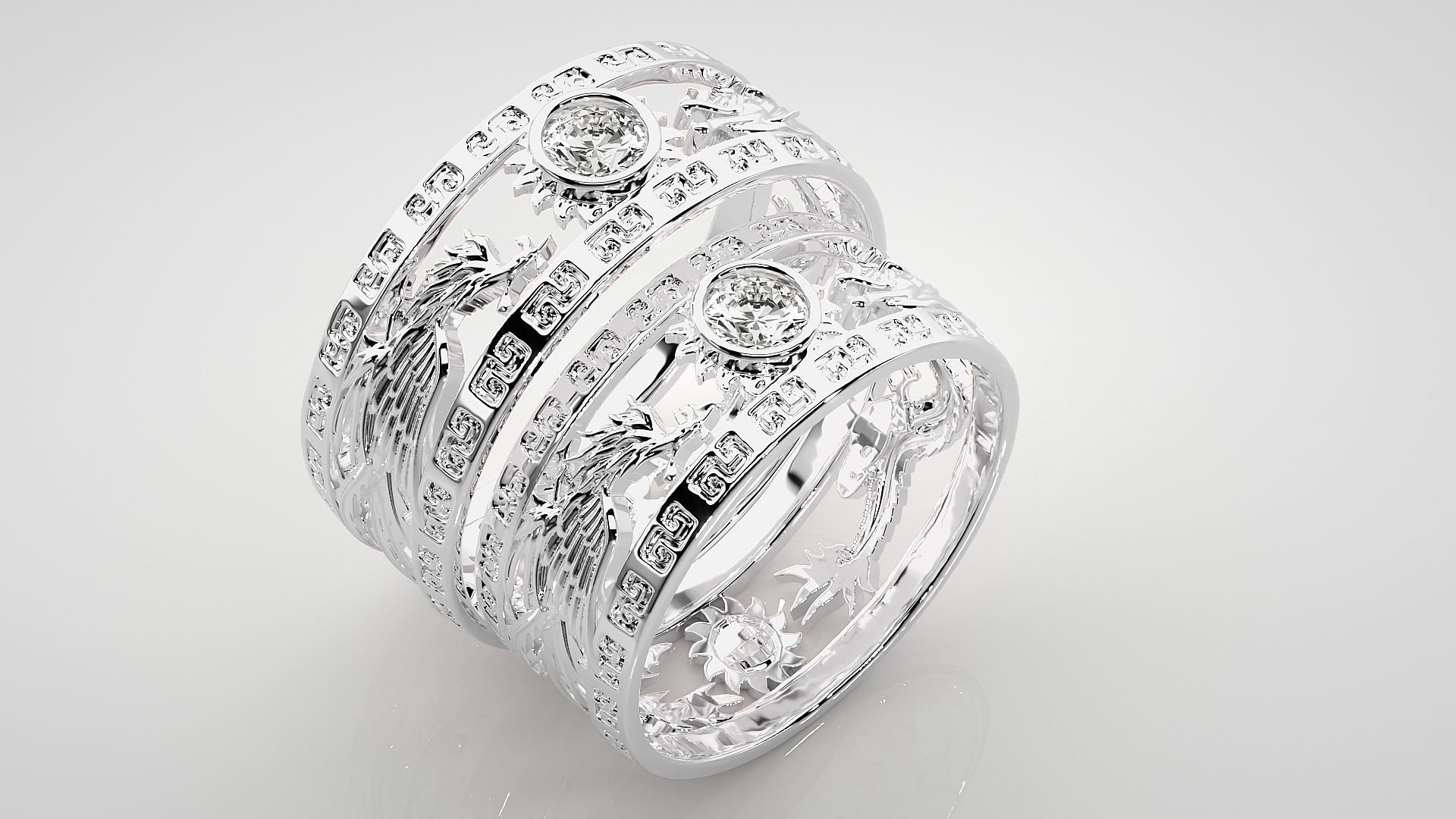 Dragon Sun Solitaire Couple Band Ring 3dm render detail 3D print model_9