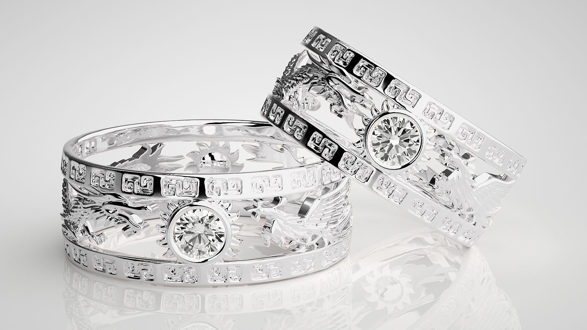 Dragon Sun Solitaire Couple Band Ring 3dm render detail 3D print model_6