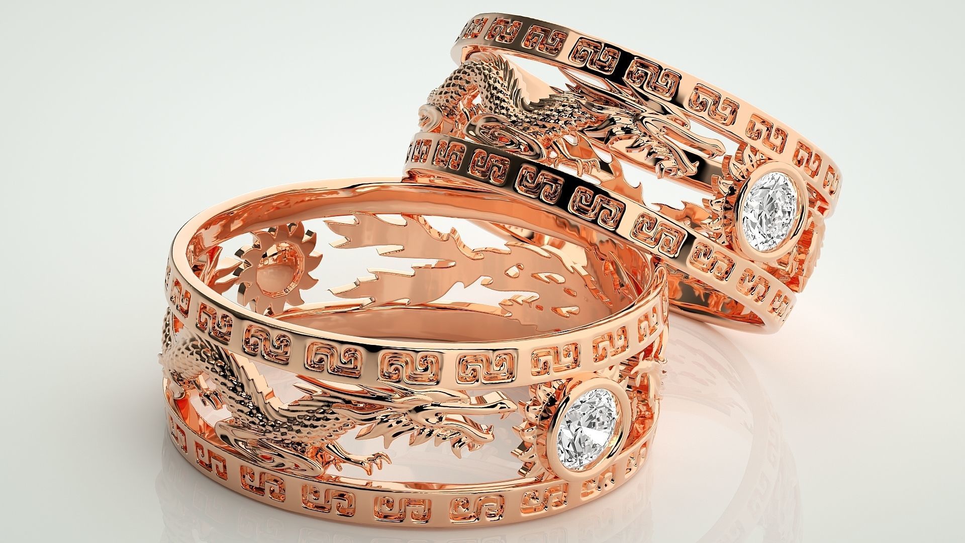 Dragon Sun Solitaire Couple Band Ring 3dm render detail 3D print model_1