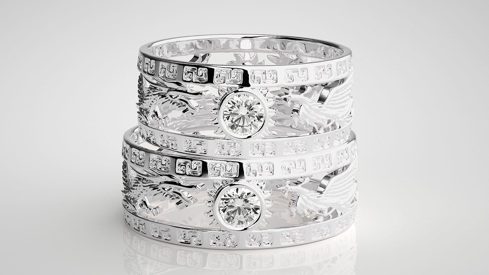 Dragon Sun Solitaire Couple Band Ring 3dm render detail 3D print model_8