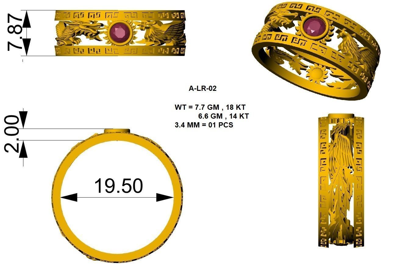 Dragon Sun Solitaire Couple Band Ring 3dm render detail 3D print model_4