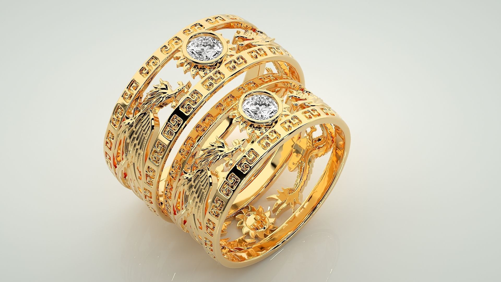 Dragon Sun Solitaire Couple Band Ring 3dm render detail 3D print model_13