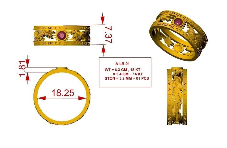 Dragon Sun Solitaire Couple Band Ring 3dm render detail 3D print model_5