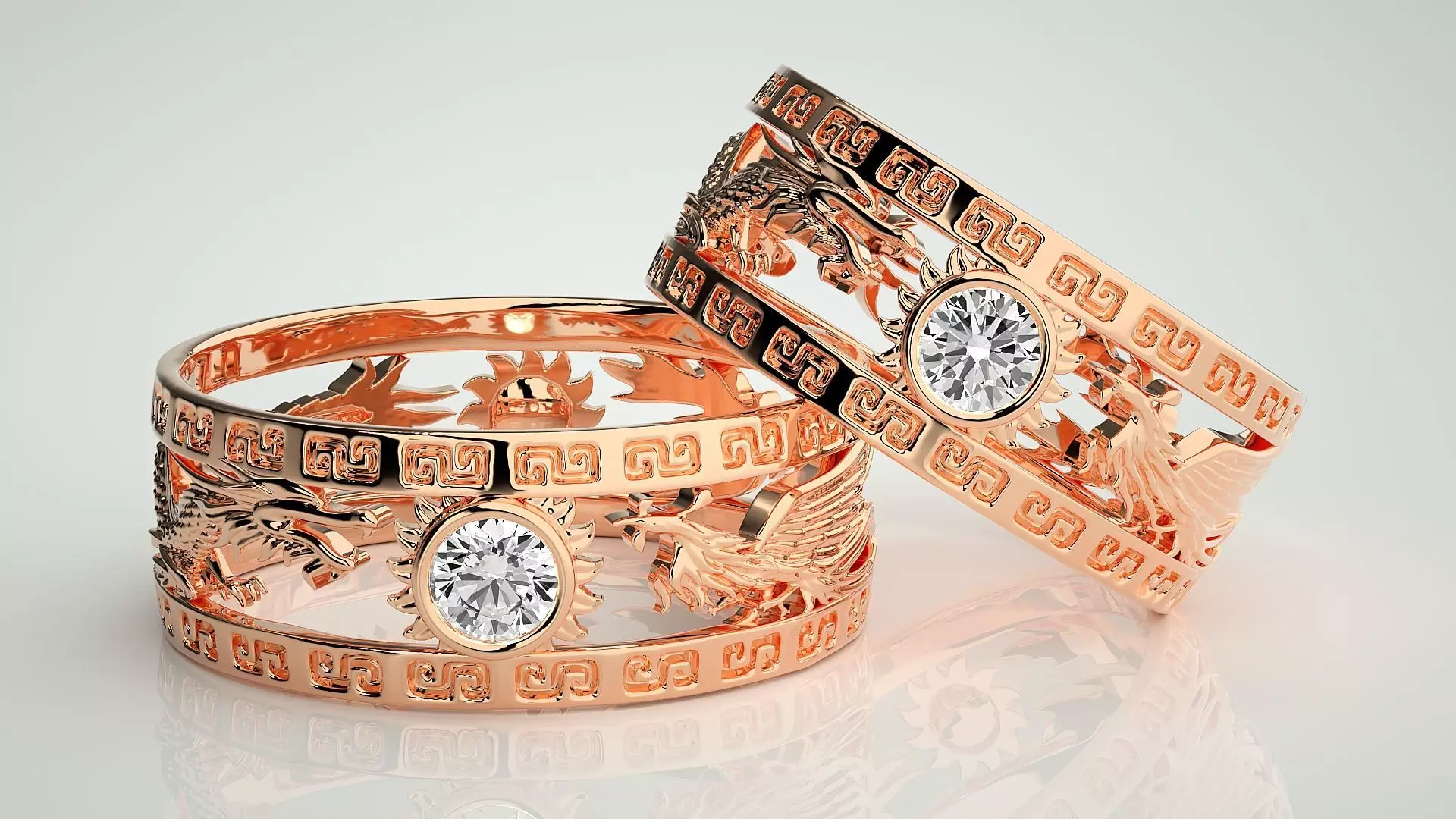 Dragon Sun Solitaire Couple Band Ring 3dm render detail 3D print model_0