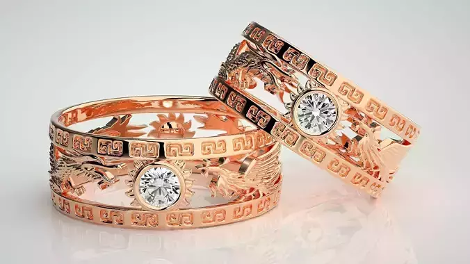 Dragon Sun Solitaire Couple Band Ring 3dm render detail 3D print model