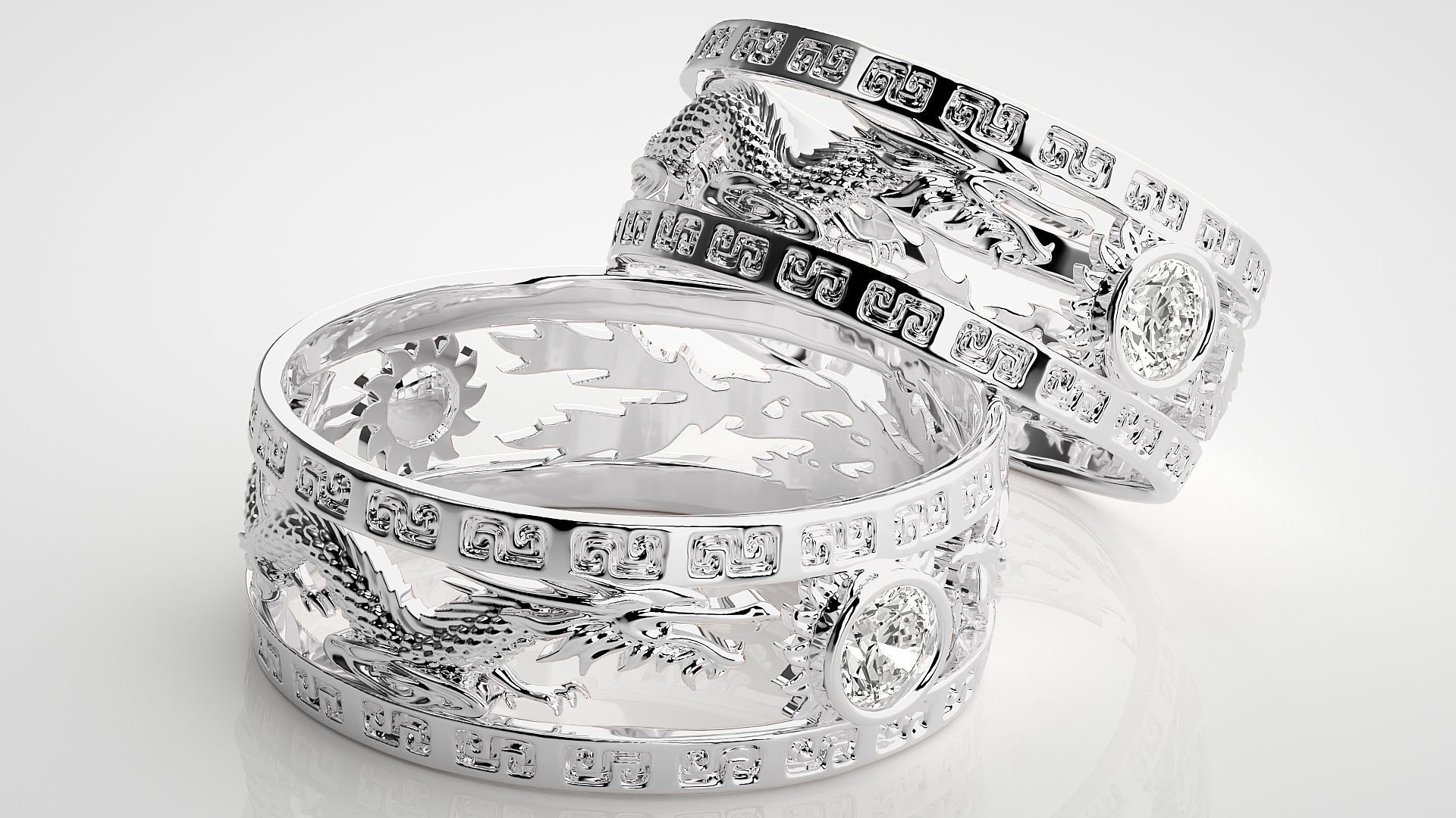 Dragon Sun Solitaire Couple Band Ring 3dm render detail 3D print model_7