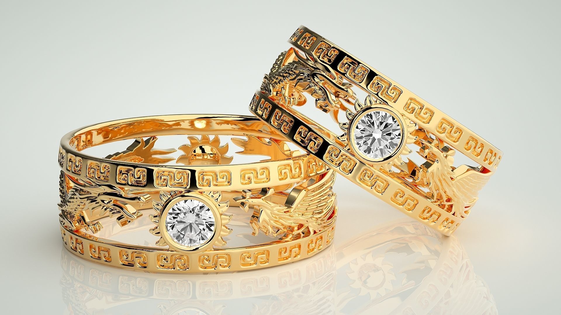 Dragon Sun Solitaire Couple Band Ring 3dm render detail 3D print model_10