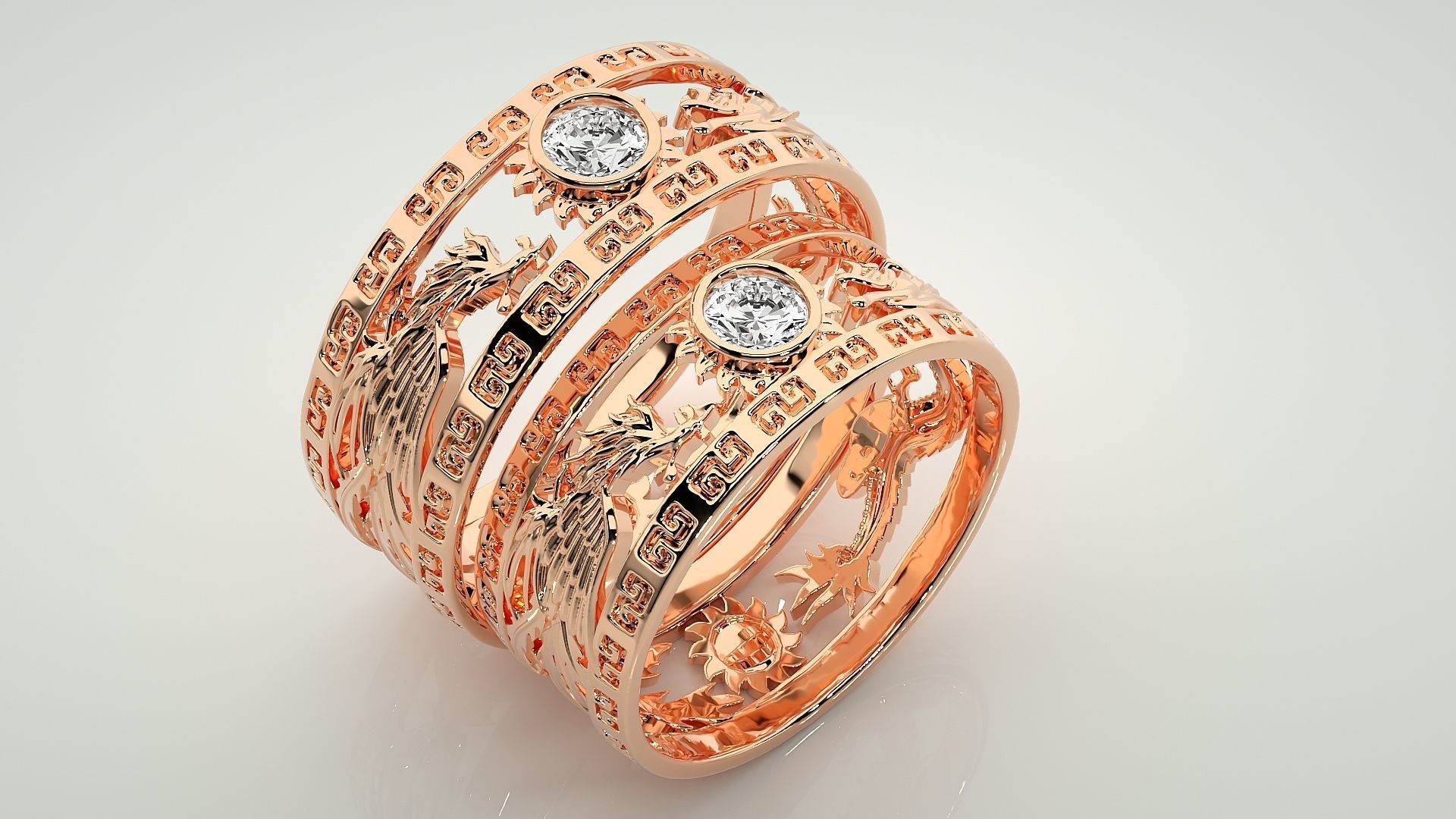 Dragon Sun Solitaire Couple Band Ring 3dm render detail 3D print model_3