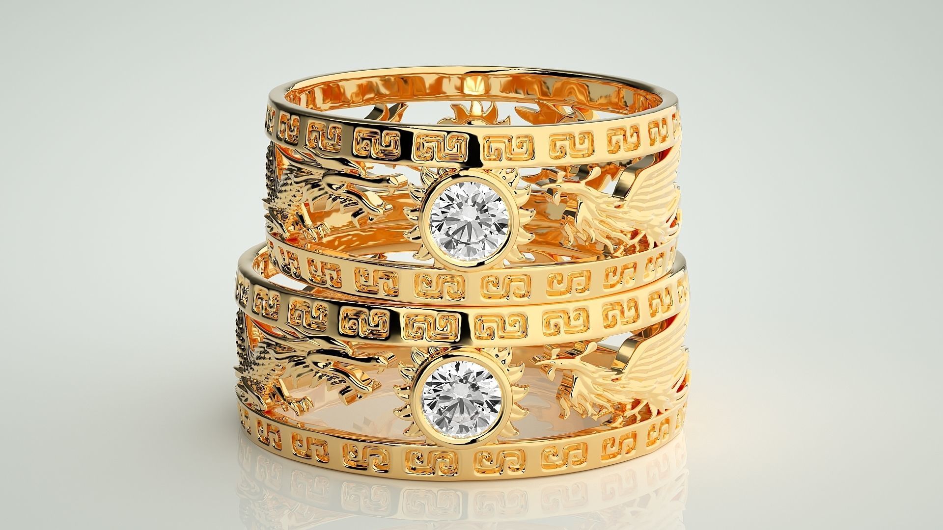 Dragon Sun Solitaire Couple Band Ring 3dm render detail 3D print model_12