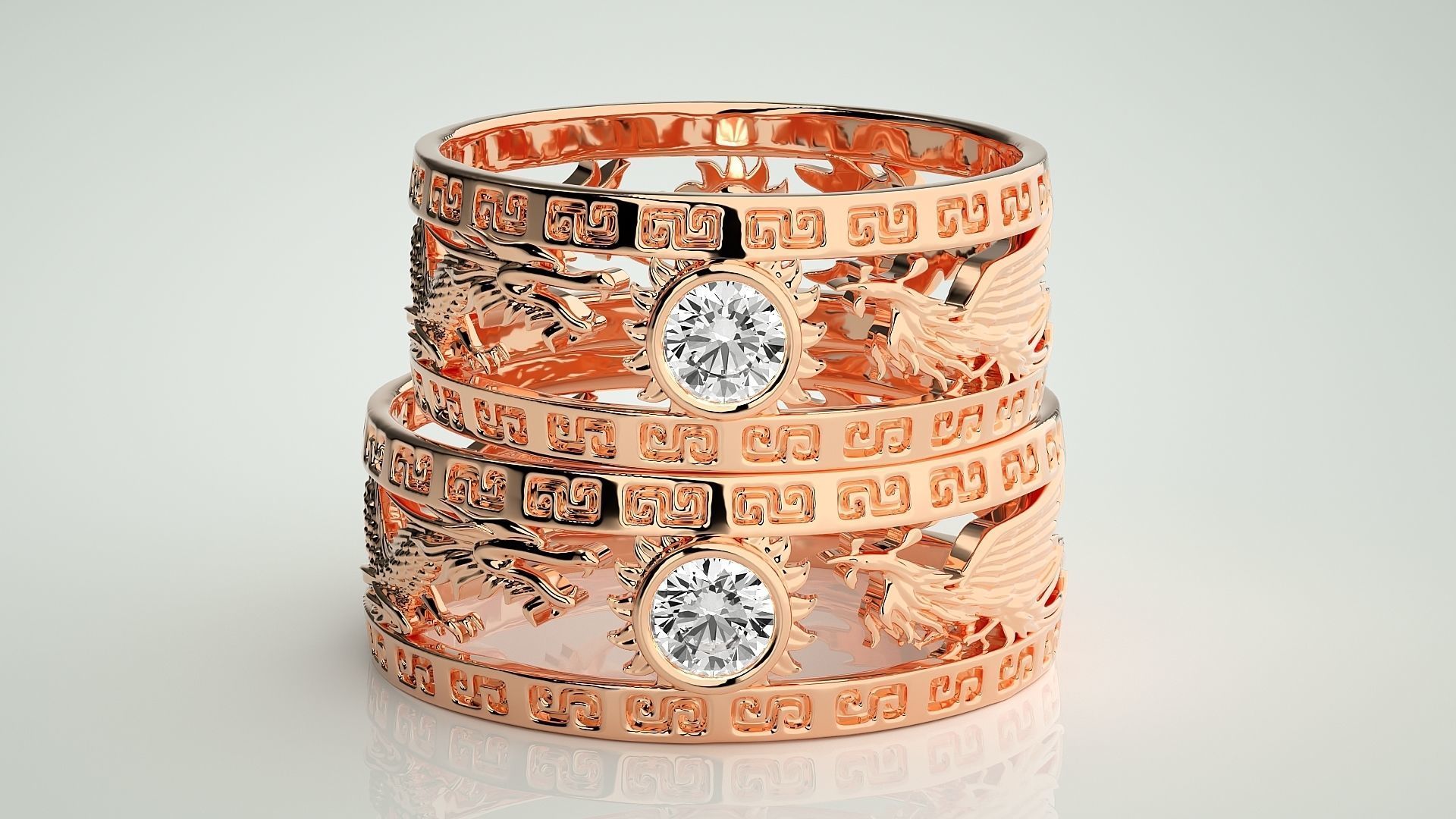 Dragon Sun Solitaire Couple Band Ring 3dm render detail 3D print model_2
