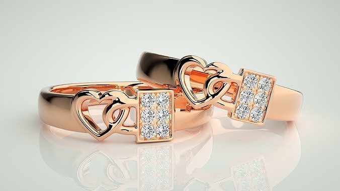 Heart Love Lock Couple Band Ring 3dm stl render detail 3D print model