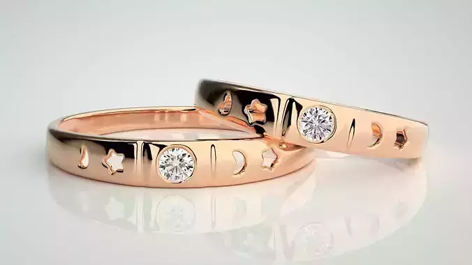 Star and Moon Solitaire Couple Band Ring 3dm stl render detail