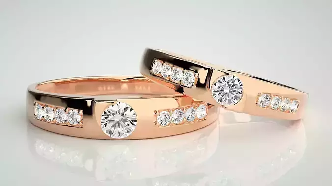 Solitaire Couple Band Ring 3dm stl render detail
