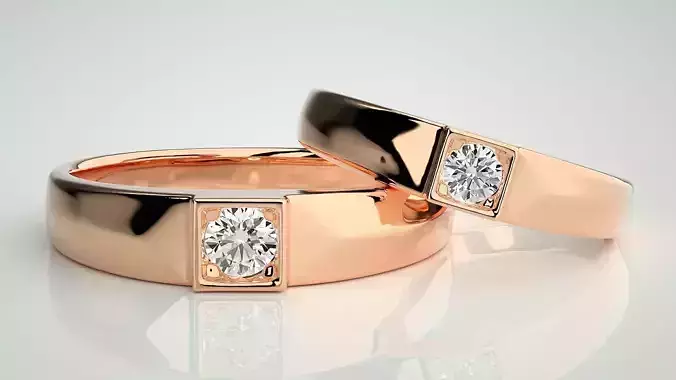 Solitaire Couple Band Ring 3dm stl render detail