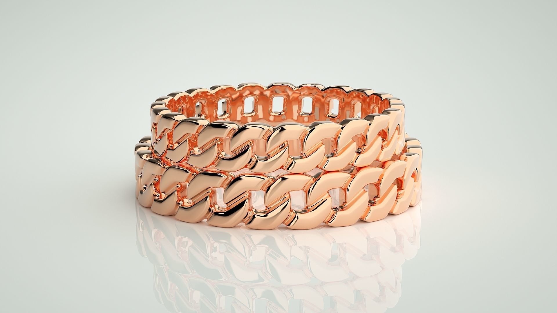 Cuban Chain Plain Gold Couple Band Ring 3dm stl render detail 3D print model_2