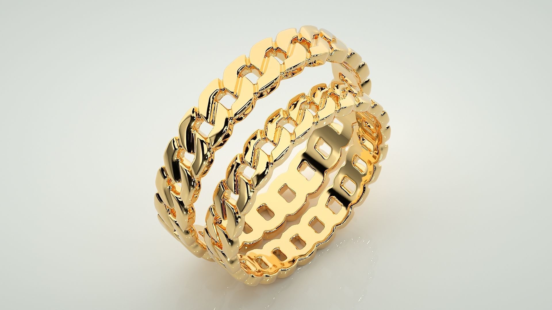 Cuban Chain Plain Gold Couple Band Ring 3dm stl render detail 3D print model_12