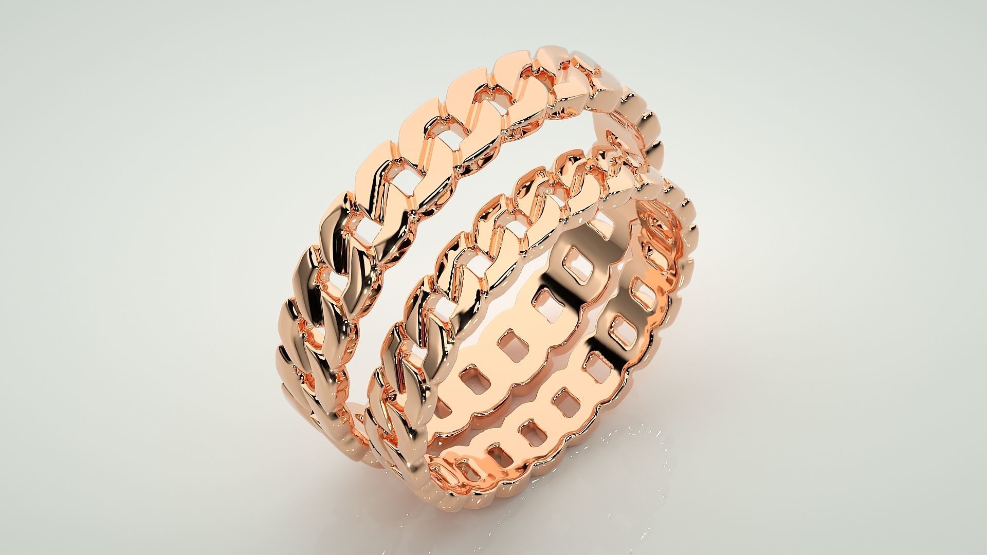 Cuban Chain Plain Gold Couple Band Ring 3dm stl render detail 3D print model_4