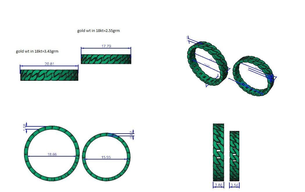 Cuban Chain Plain Gold Couple Band Ring 3dm stl render detail 3D print model_3