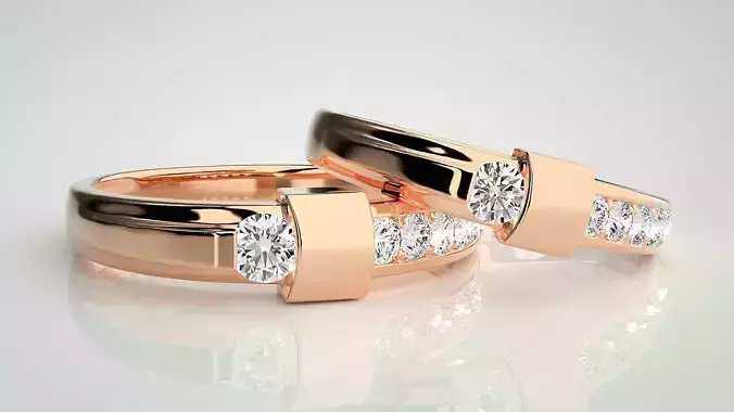 Solitaire Couple Band Ring 3dm stl render detail