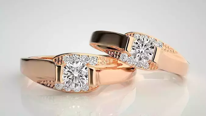 Solitaire Couple Band Ring 3dm stl render detail