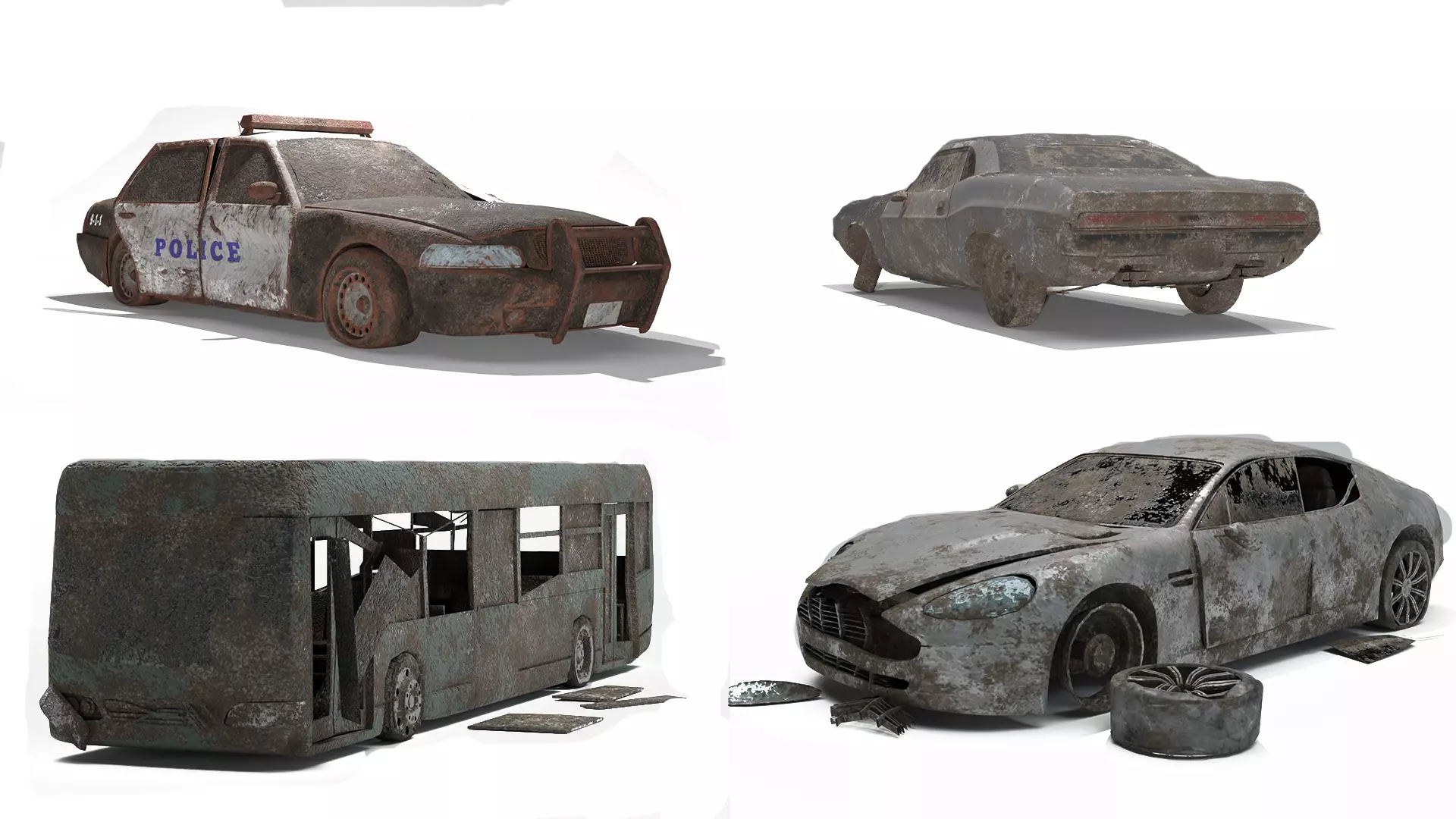 Game ready Abandoned damaged ruin wrecked Vehicle car collection 3D model_0